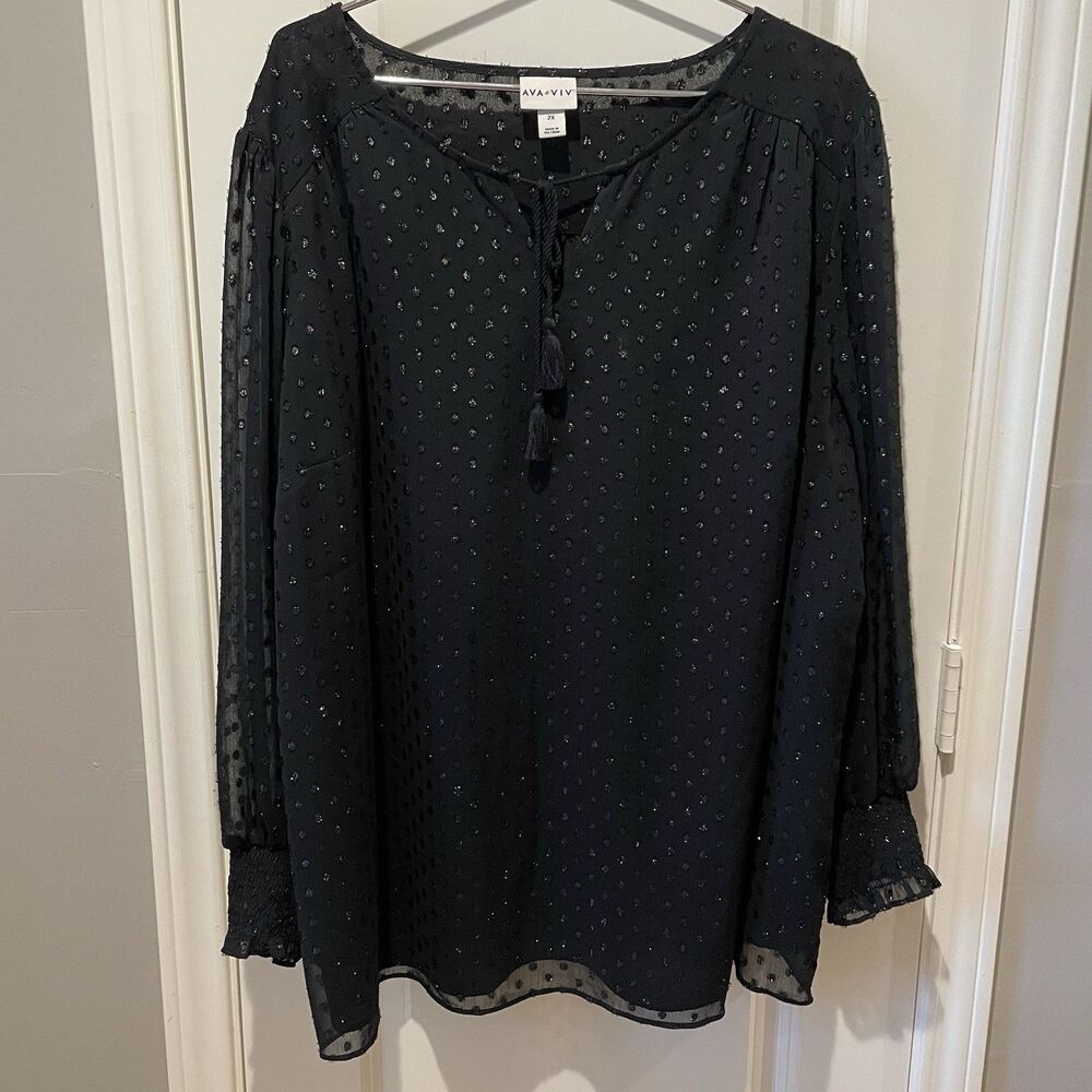 Ava & Viv Women's Size 2X Long Sleeve Black Shimmer Blouse Sparkly Polka Dot